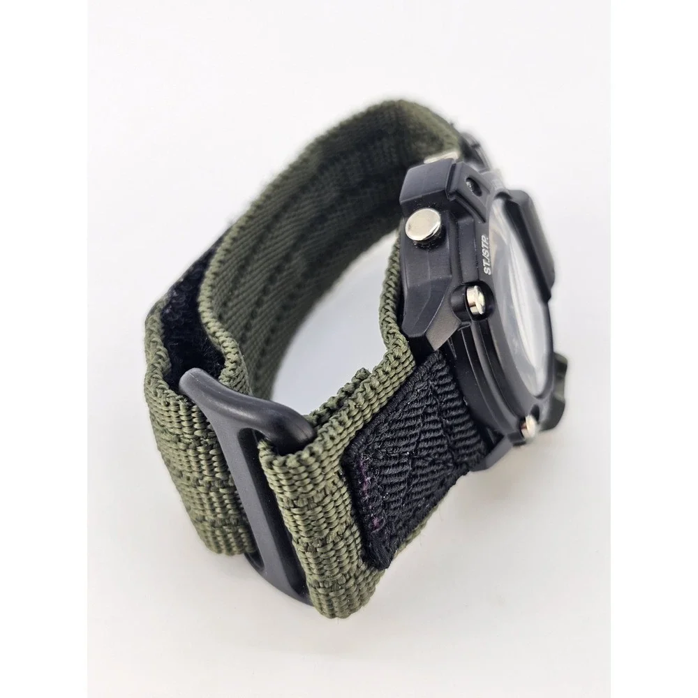 Men's Sports Digital Watch 46MM Black Green Nylon Band Compass New Battery